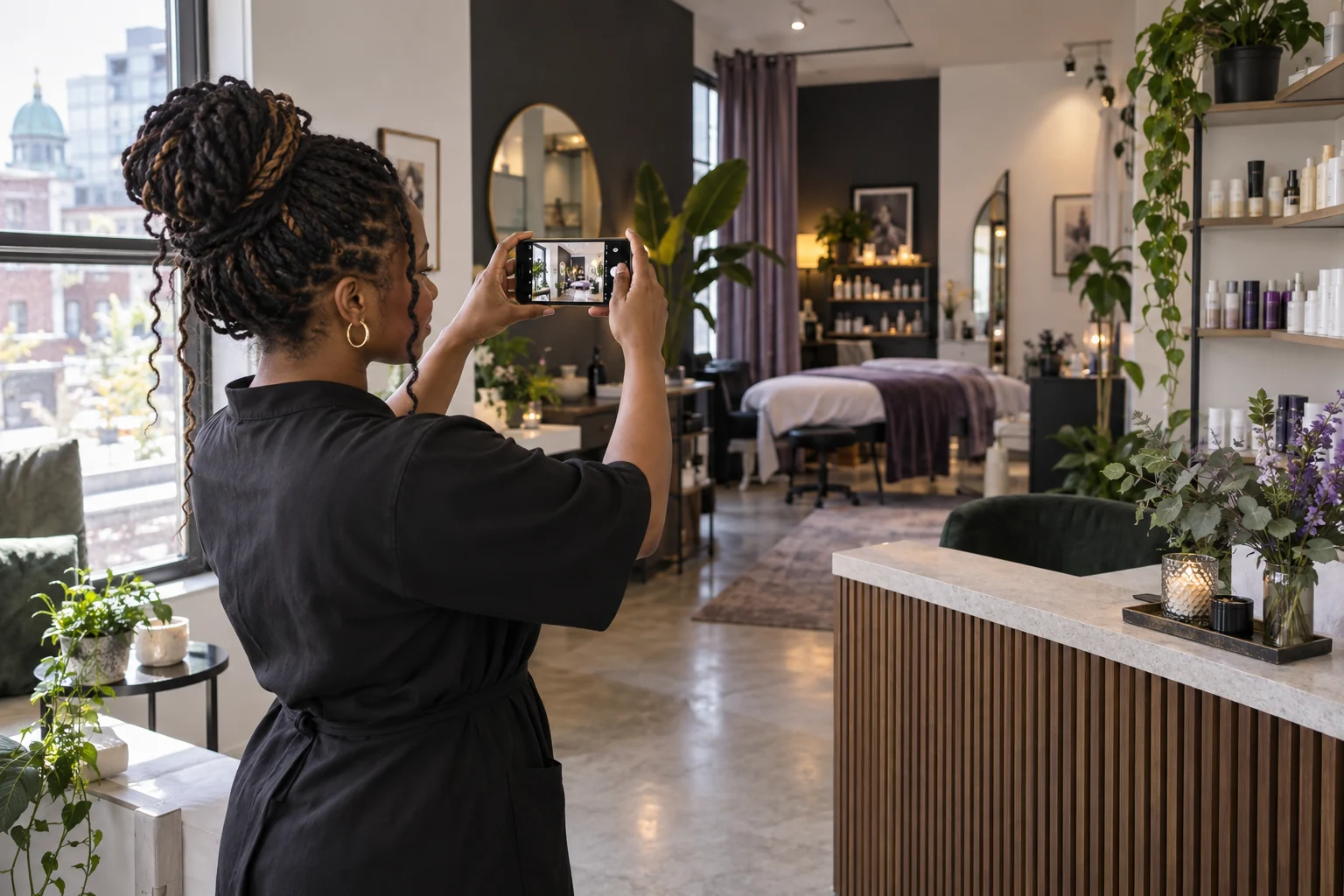 Propriétaire d’un salon montréalais photographiant son espace de travail