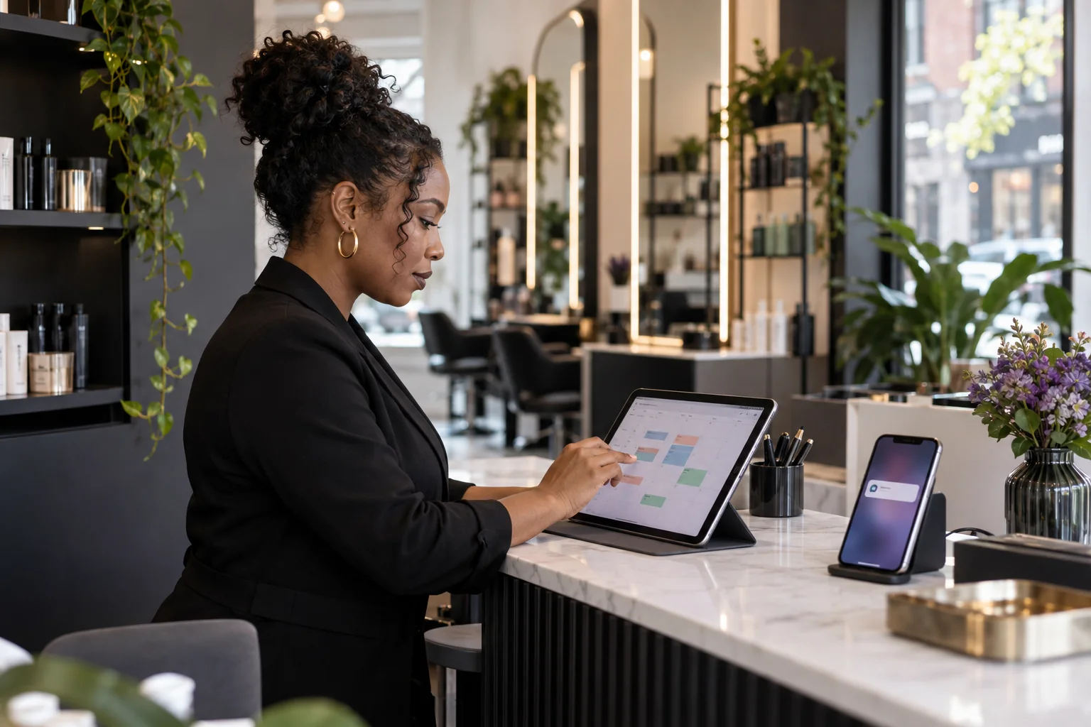 Propriétaire de salon consultant un calendrier de rendez-vous sur une tablette